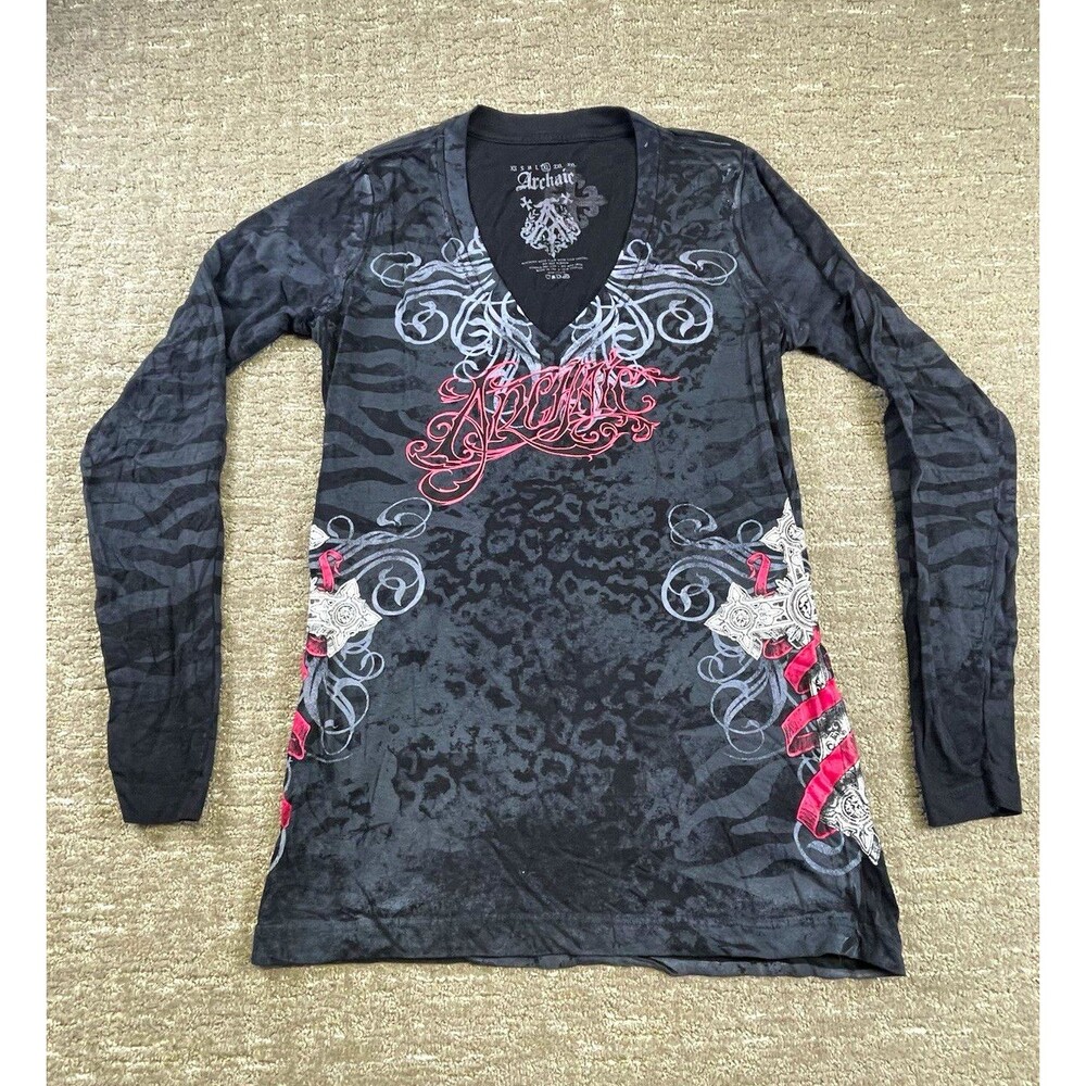 Women’s XL Archaic affliction Black V Neck Long Sleeve Graphic Cotton T Shirt